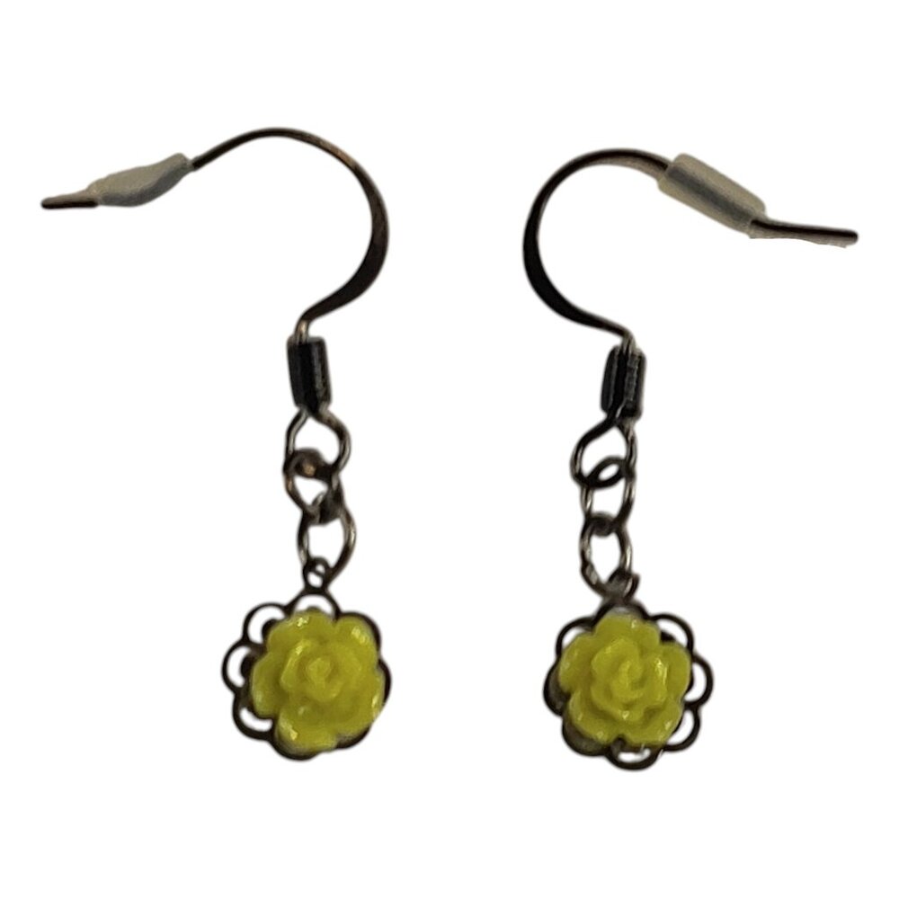 NEW Homemade/Handmade Yellow Rose with Black Metal Drop Earrings (Longer)